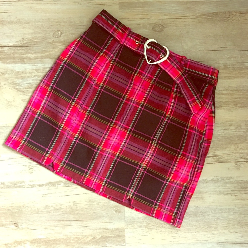 Topshop Heart Buckle Plaid Mini Skirt